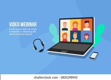 Video Webinar, Online Meeting, Video Conference, Digital Communication - Isometric Concept Flat Design Vector Illustration On Blue Background