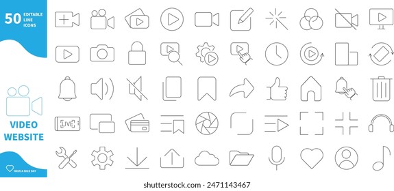 Video website interface icon. Set of video camera icons, play button, list, edit...