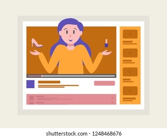Video women blogger cartoon style on monitor showing new trends. Fashion blogger girl on online channel concept for streamer, live broadcast, popular blog. Vector 10 eps