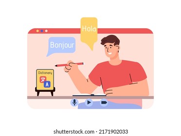 Video with young smiling man learning language online flat style, vector illustration isolated on white background. Dictionary, character with notebook and pencil