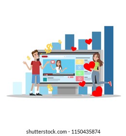 Videoblog feedback concept. Happy blogger get likes and comments to her content. Idea of success and popularity.