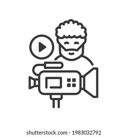 Videoblog - vector line design single isolated icon on white background. High quality black pictogram. Image of a blogger, videographer with a camera. SMM, entertainment and promotion concept