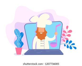 Сhef videoblogger foodblogger  presents culinary videos about cooking delicious dishes according to his own recipes cuisine of the whole world. Vector illustration for social media, blogging, posters.