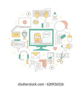 Videoblogging. Vector illustration for social media and modern communications. Concept for digital online blog, video marketing, blogger's work. Colored thin line design. Isolated on white.