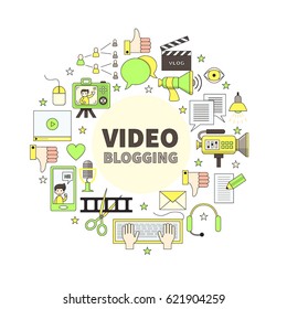 Videoblogging. Vector illustration for social media and modern communications. Concept for digital online blog, video marketing, blogger's work. Thin line design.  Isolated on white.