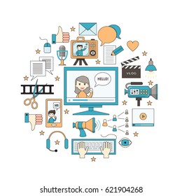 Videoblogging. Vector illustration for social media and modern communications. Concept for digital online blog, video marketing, blogger's work. Thin line design. Isolated on white.
