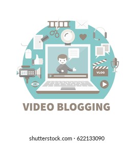 Videoblogging. Vector illustration for social media and modern communications. Concept for digital online blog, video marketing, blogger's work. Flat design. Isolated on white.
