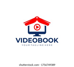 Videobook, book like a roof and computer monitor, logo design. Online education, video training and video lessons, vector design and illustration