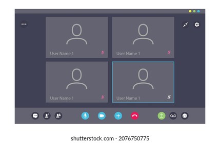 Videocall conference user interface template for video chat user window mock up for online business webinar, learning conference with microphone, video call icon and blank place. Vector 10 eps