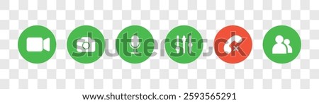 Videocall Icon. Online call control symbol set. Basic icons for video conference, webinar and video chat. Flat Vector illustration on transparent background.