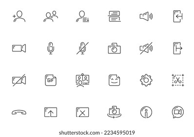 Videocall icons of conference video call interface menu, online chat UI vector line buttons. Videocall or user chat icons of microphone mute, incoming call and settings, file upload or send pictograms