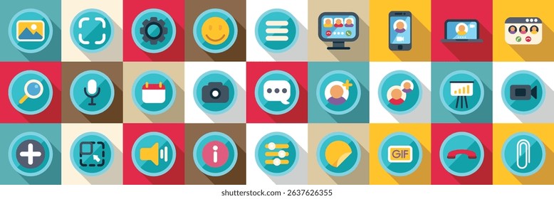  Videocall icons set. Colorful icons symbolize various aspects of social media, online communication, and digital marketing tools
