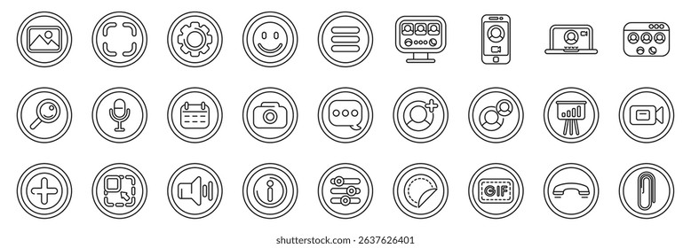  Videocall icons set. Diverse set of round icons encompassing various aspects of online communication, social media interaction, and content creation tools