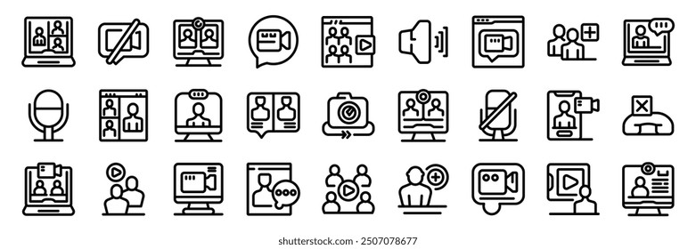 Conjunto de iconos de videollamada. Video Iconos de línea que representan conferencias, reuniones en línea y seminarios web, mostrando a las personas que se conectan de forma remota