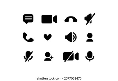 Videocall icons set. Minimalistic style with simple objects chat, message, microphone, turn camera, conference for video call interface. Vector illustration isolated on white background