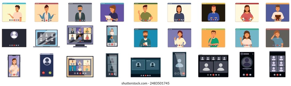 videocall icons set. People working from home having video conference call using computer, laptop, tablet and smartphone