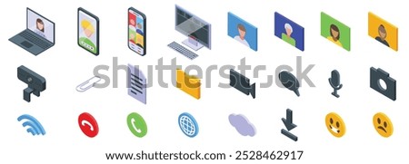 Videocall icons set. This set of isometric icons represents various aspects of online communication, from video calls to file sharing