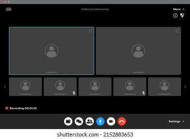 Videocall interface, call video screen and conference chat of phone app, vector UI template. Web video call on mobile phone or computer display with buttons and team online webinar window frames