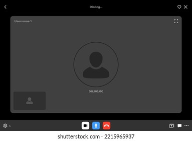 Videocall interface. Internet video conference application interface frame, videocall program display vector overlay or remote meeting app screen, window layout with icons and avatar symbol