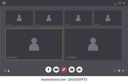 Videocall Interface. Online Video chat mockup. Computer or Laptop template. Virtual meeting platform display. Vector Illustration in flat style.