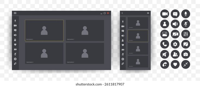 Videocall Interface. Online video chat template with user icon. Virtual meeting screen. Web conference app layout. Flat Vector illustration.