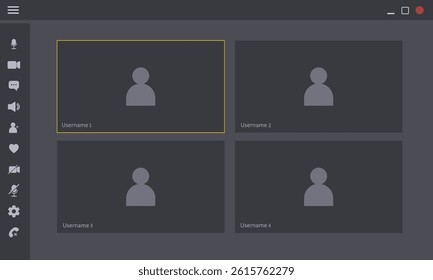 Videocall Interface. Online Video chat mockup. Computer or Laptop template. Virtual meeting platform display. Vector Illustration in flat style.