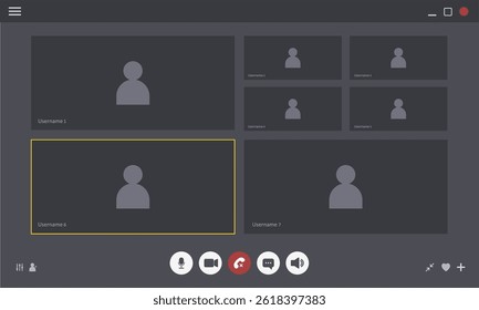 Videocall Interface. Online video chat template with user icon. Virtual meeting screen. Web conference app layout. Flat Vector illustration.