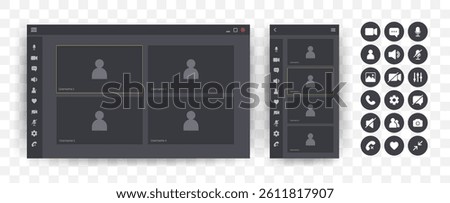 Videocall Interface. Online video chat template with user icon. Virtual meeting screen. Web conference app layout. Flat Vector illustration.