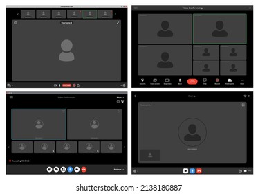 Videocall interface screen vector template, web chat ui. Video call windows of online conference or webinar with buttons and user icons, computer or mobile phone app, remote communication