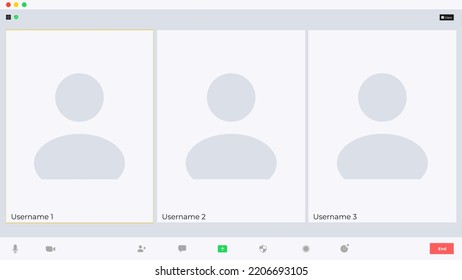 Videocall Interface Screen Vector Template, Web Chat Ui. Video Call Windows Of Online Conference Or Webinar With Buttons And User Icons, Computer Or Mobile Phone App, Remote Communication. 