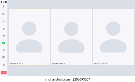 Videocall Interface Screen Vector Template, Web Chat Ui. Video Call Windows Of Online Conference Or Webinar With Buttons And User Icons, Computer Or Mobile Phone App, Remote Communication. 
