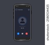 Videocall interface. Smartphone screen. Cellular calling. Mobile communication technology. Contact menu UI. Phone touchscreen button. Video connection. Users chat application. Vector cellphone display