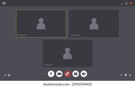 Videocall Interface template. Video conference mockup for laptop application with chat buttons. Vector Illustration in flat style.