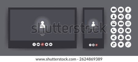 Videocall Interface template. Video conference mockup for laptop and mobile application with chat buttons. Vector Illustration in flat style.