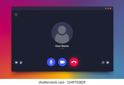 Videocall interface, vector ui of video chat call screen, laptop, desktop computer and mobile phone app. Online conference or webinar incoming videocall window overlay with user icon and buttons