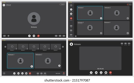 Interfaz de vídeo, iconos de pantalla de videollamadas y plantilla de interfaz de usuario, superposición vectorial. Simulación de chat en línea de videoconferencia o videoclip para aplicaciones de teléfono móvil o laptop con botones de llamada