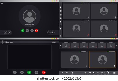 Interfaz de vídeo, pantalla de videollamada o plantilla de interfaz de usuario de chat de conferencia, superposición vectorial. Pantalla visual en el ordenador de la aplicación de vídeo del teléfono con iconos de micrófono y cámara de la videollamada en línea