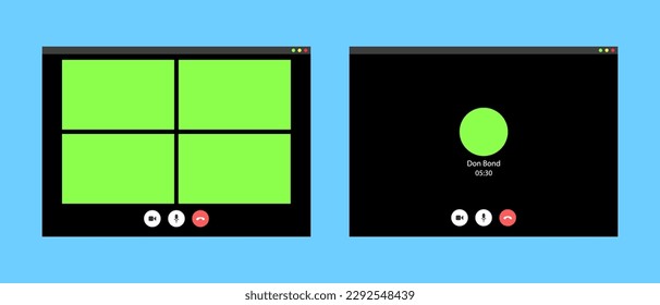 Videocall interface, video call screen icons and UI template, vector overlay. Video conference or videocall online chat mockup for mobile phone or computer laptop application with call buttons.