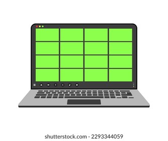 Videocall interface, video call screen icons and UI template for laptop, vector overlay. Video conference or videocall online chat mockup with chromakey for laptop application. Sixteen users