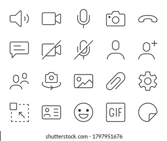 Videocall Line Symbol. Minimale Vektorgrafik, einfache Umrisssymbole - Chat, Nachricht, Mikrofon, Umdrehungskamera, Konferenz und anderes dünnes Piktogramm für die Videotelefonschnittstelle. Bearbeitbarer Stroke