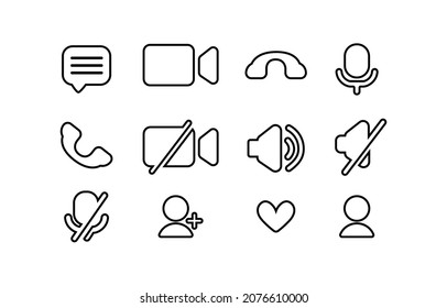 Videocall line icon set. Minimalistic style with simple outline icons - chat, message, microphone, turn camera, conference for video call interface. Vector illustration isolated on white background