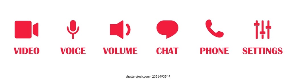 Botones del panel Videocall. Vídeo, voz o micrófono, volumen, chat, teléfono o llamada, e iconos de los botones de configuración. Conjunto de iconos del vector.
