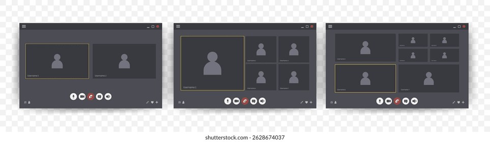 Videocall User Interface. Set of Video chat screen template. Online chat with avatar and buttons for mobile, computer, laptop. Flat Vector illustration