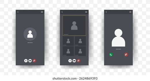 Videocall User Interface. Video chat screen template. Online chat with avatar and buttons for mobile, computer, laptop. Flat Vector illustration.