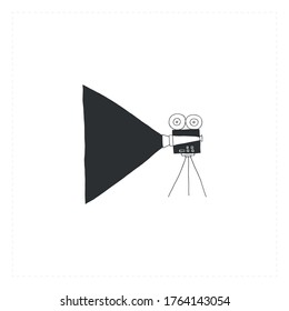A videocamera, hand drawn simple vector icon. Cinematography illustration, cinema isolated object. For movie houses, shops and cafe, for car cinema. For branding and business identity.