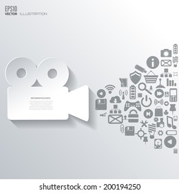 Videocamera icon. Flat abstract background with web icons. Interface symbols. Cloud computing. Mobile devices.Business concept.