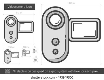 Videokamera, Vektorsymbol einzeln auf weißem Hintergrund. Videocamera Line Icon für Infografiken, Webseiten oder App. Skalierbares Symbol, das auf einem Gittersystem entworfen wurde.