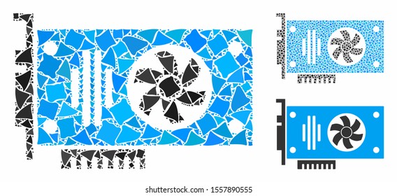 Videocard mosaic of bumpy elements in variable sizes and color tints, based on videocard icon. Vector trembly items are organized into collage. Videocard icons collage with dotted pattern.
