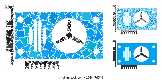 Videocard mosaic of bumpy items in different sizes and color tints, based on videocard icon. Vector raggy items are grouped into mosaic. Videocard icons collage with dotted pattern.