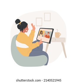 Videochat With Friends Isolated Cartoon Vector Illustration. Online Communication, Video Chat Friends Meeting, Person Waving Hand, Sitting With Tablet, Screen Divided In Two Vector Cartoon.